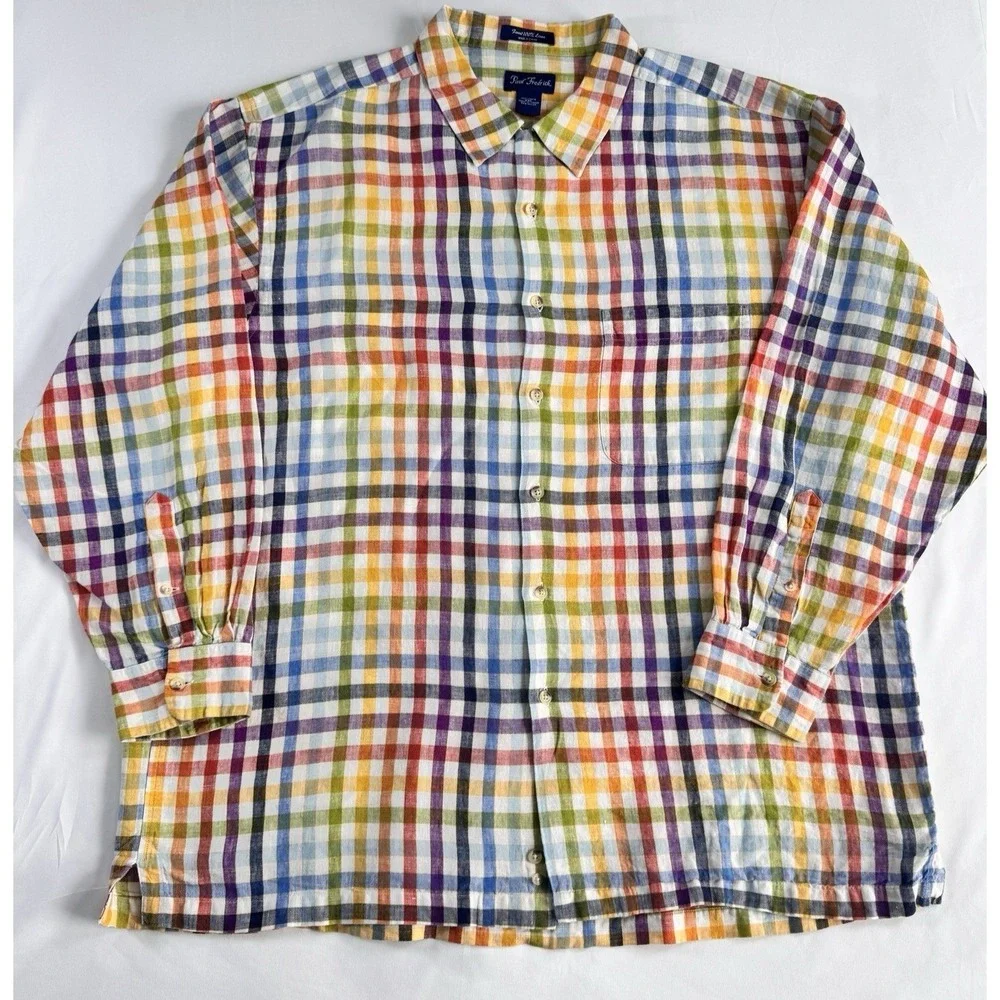 Paul Fredrick 100% Linen Button Up Shirt Mens XXL Rainbow Plaid Long Sleeve - Picture 3 of 5